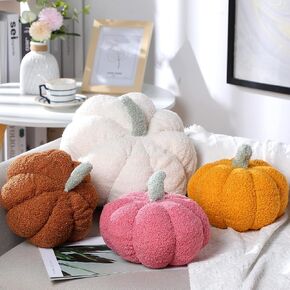 Kajaia 4 Pcs Pumpkin Throw Pillow Cushion 3D Thanksgiving Pumpkin Pillow Halloween Sherpa Fall Pumpkin Toy Fluffy Stuffed Pillow Kids' Plush Toy Pillow,11 Inches, 7 Inches (White, Pink Series)