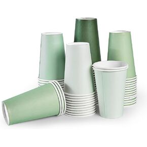 100Pcs Sage Green Paper Cups 12oz Gradient Green Party Cups Birthday Bridal Baby Shower Disposable Drinking Cups for Hot Cold Drinks Beverage Coffee Wedding Christmas Party Supplies (Sage Green, 12oz)