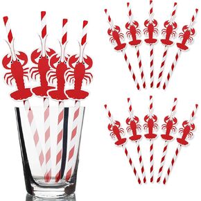 Lobster Paper Straws Decor-24 Pack of Crawfish Birthday Party or Christmas Paper Straws Supplies-Red and White Disposable Striped Paper Decorative Drinking Straws for Seafood Party Decorations