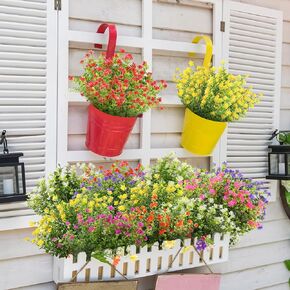 24 Bundles Artificial Flowers Outdoor Spring Faux Plants for Decoration Summer Hanging Plastic Flowers Shrubs Uv Resistant Floral Fake Outdoor Plant for Garden Grass Vase Wedding Home, 8 Colors