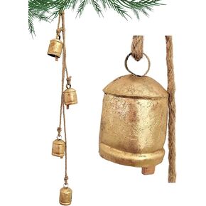 Carfar Rustic Style 4 Bells Cluster Star Cut Handmade Metal Harmony Christmas Hanging Cow Bells on Jute Rope