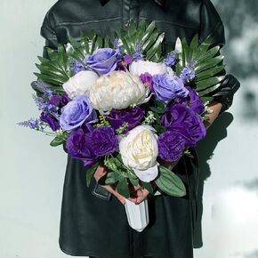 Cemetery Flowers with Grave Vases for Headstone, Outdoor Graveside Decorations, Florist-Arranged Memorial Bouquet: Artificial Purple Rose and White Peony Mix Arrangement, Easy Fit