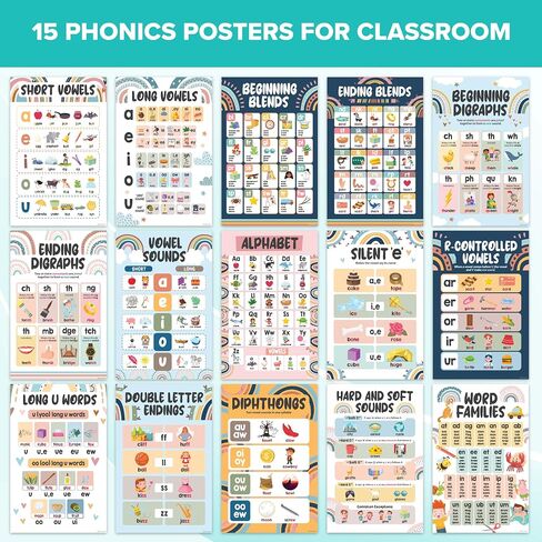 Decorably 15 Boho Rainbow Phonics Posters for Classroom, 11x17in Matte-Laminated Educational Boho Sound Wall Classroom Phonics Decor in Kuwait