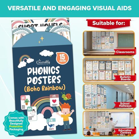 Decorably 15 Boho Rainbow Phonics Posters for Classroom, 11x17in Matte-Laminated Educational Boho Sound Wall Classroom Phonics Decor in Kuwait