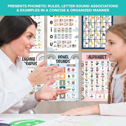 Decorably 15 Boho Rainbow Phonics Posters for Classroom, 11x17in Matte-Laminated Educational Boho Sound Wall Classroom Phonics Decor in Kuwait