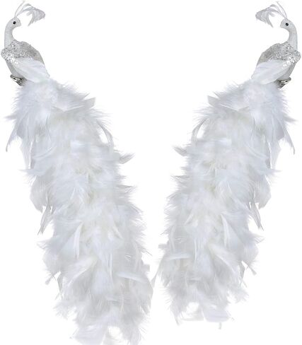 BestAlice 2 Pcs White Peacock Christmas Ornaments, 17.5 Inch Long Tail Feather Peacock Clip Ornament, Glittered Phoenix Christmas Ornament, Faux Simulation Feather Peacock for Christmas Tree Decor in Saudi Arabia