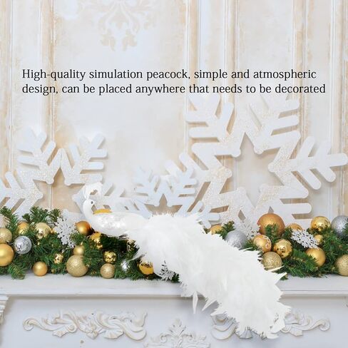 BestAlice 2 Pcs White Peacock Christmas Ornaments, 17.5 Inch Long Tail Feather Peacock Clip Ornament, Glittered Phoenix Christmas Ornament, Faux Simulation Feather Peacock for Christmas Tree Decor in Saudi Arabia