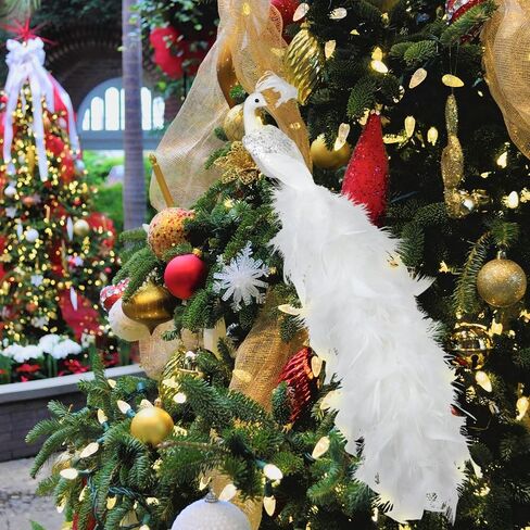 BestAlice 2 Pcs White Peacock Christmas Ornaments, 17.5 Inch Long Tail Feather Peacock Clip Ornament, Glittered Phoenix Christmas Ornament, Faux Simulation Feather Peacock for Christmas Tree Decor in Saudi Arabia