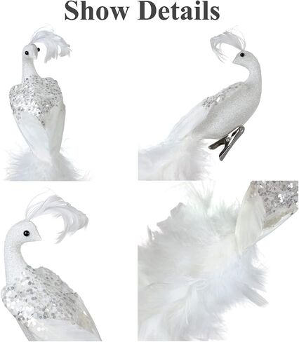 BestAlice 2 Pcs White Peacock Christmas Ornaments, 17.5 Inch Long Tail Feather Peacock Clip Ornament, Glittered Phoenix Christmas Ornament, Faux Simulation Feather Peacock for Christmas Tree Decor in Saudi Arabia