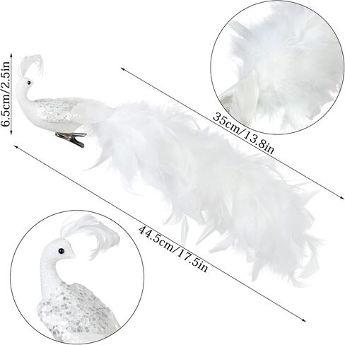 BestAlice 2 Pcs White Peacock Christmas Ornaments, 17.5 Inch Long Tail Feather Peacock Clip Ornament, Glittered Phoenix Christmas Ornament, Faux Simulation Feather Peacock for Christmas Tree Decor in Saudi Arabia