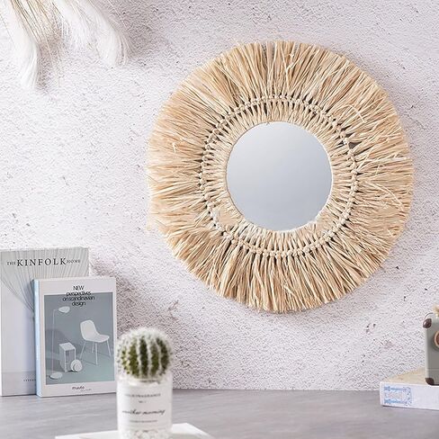 Camidy Wall Hanging Round Mirror- Large Decorative Boho Mirrors for Wall Decor Handmade Fringe Circle Mirror for Apartment Nursery Bedroom Living Room Chic Home Decor in Kuwait