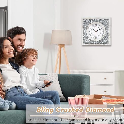 ساعة حائط فضية من Crush Diamond، ساعة مرآة كريستال مستديرة مقاس 12 بوصة، ساعات حائط مزخرفة لامعة لغرفة المعيشة، الحمام، ديكور جدار المطبخ (باستثناء بطاريات AA) in Kuwait