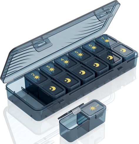 منظم حبوب الدواء الأسبوعي من لايف ويت مرتين في اليوم، صندوق حبوب دواء مقاوم للضوء للسفر لمدة 7 أيام للأدوية/الفيتامين/زيوت السمك، حقيبة حبوب يومية، أخضر in Kuwait