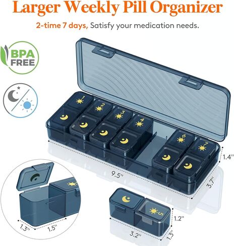 منظم حبوب الدواء الأسبوعي من لايف ويت مرتين في اليوم، صندوق حبوب دواء مقاوم للضوء للسفر لمدة 7 أيام للأدوية/الفيتامين/زيوت السمك، حقيبة حبوب يومية، أخضر in Kuwait