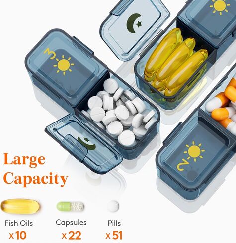 منظم حبوب الدواء الأسبوعي من لايف ويت مرتين في اليوم، صندوق حبوب دواء مقاوم للضوء للسفر لمدة 7 أيام للأدوية/الفيتامين/زيوت السمك، حقيبة حبوب يومية، أخضر in Kuwait