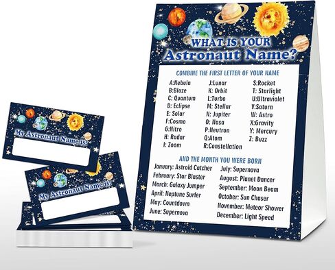 What's Your Astronaut Name Game - Outer Space Birthday Party Games for Boys - Family School Classroom Activity - 1 Standing Sign and 30 Stickers - Kids Space Party Supplies Decorations(14) in Kuwait
