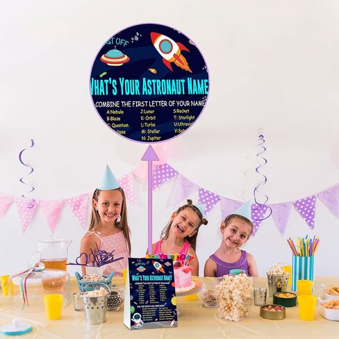 What's Your Astronaut Name Game - Outer Space Birthday Party Games for Boys - Family School Classroom Activity - 1 Standing Sign and 30 Stickers - Kids Space Party Supplies Decorations(14) in Kuwait