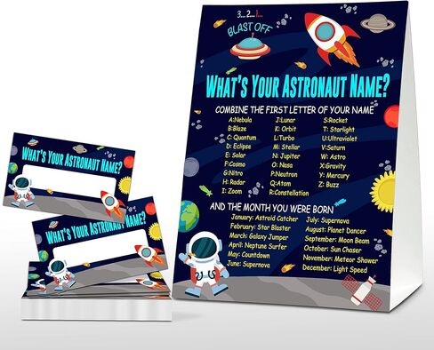 What's Your Astronaut Name Game - Outer Space Birthday Party Games for Boys - Family School Classroom Activity - 1 Standing Sign and 30 Stickers - Kids Space Party Supplies Decorations(14) in Kuwait