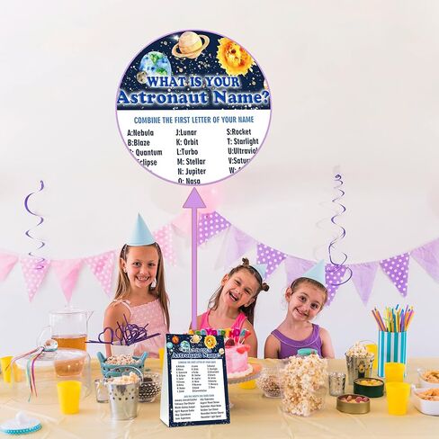 What's Your Astronaut Name Game - Outer Space Birthday Party Games for Boys - Family School Classroom Activity - 1 Standing Sign and 30 Stickers - Kids Space Party Supplies Decorations(14) in Kuwait