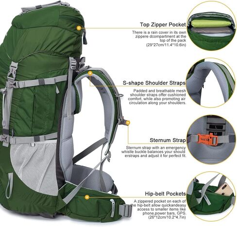 حقيبة ظهر بإطار داخلي من MOUNTAINTOP 70L للتخييم وحقيبة الظهر والمشي لمسافات طويلة للرجال والنساء مع غطاء للمطر in Kuwait