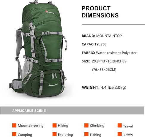 حقيبة ظهر بإطار داخلي من MOUNTAINTOP 70L للتخييم وحقيبة الظهر والمشي لمسافات طويلة للرجال والنساء مع غطاء للمطر in Kuwait