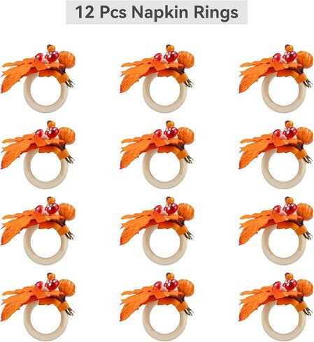 Fall Decor Napkin Rings Golden Maple Leaf Pumpkin Mushroom Autumn Table Decoration Thanksgiving Wooden Napkin Rings Set of 12 Pieces in Saudi Arabia