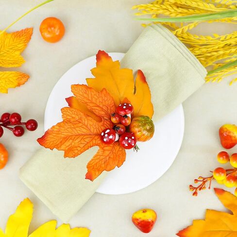 Fall Decor Napkin Rings Golden Maple Leaf Pumpkin Mushroom Autumn Table Decoration Thanksgiving Wooden Napkin Rings Set of 12 Pieces in Saudi Arabia