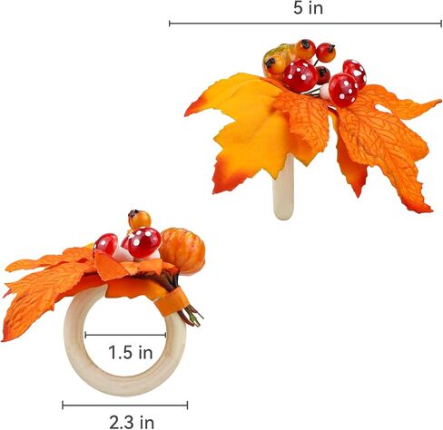 Fall Decor Napkin Rings Golden Maple Leaf Pumpkin Mushroom Autumn Table Decoration Thanksgiving Wooden Napkin Rings Set of 12 Pieces in Saudi Arabia