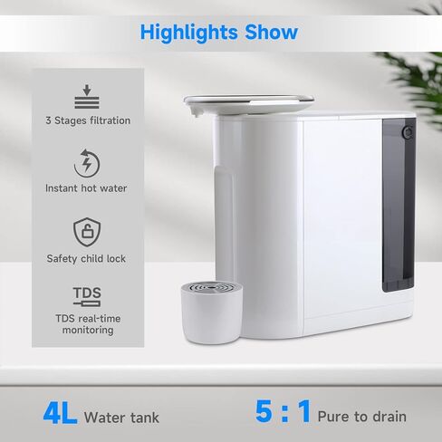 نظام تنقية المياه RO مع موزع مياه ساخن فوري، خزان كبير، درجات حرارة قابلة للتعديل، تصريف فعال، وقفل أمان لدرجة الحرارة العالية، أبيض in Kuwait