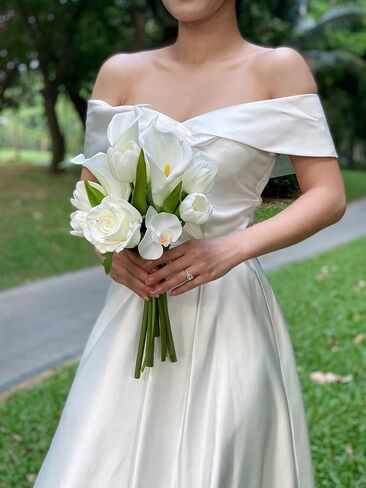 13 Pcs Real Touch White Calla Lily Artificial Flower Tulip 16'' White Bridal Bouquet Spring Home Living Room Decor for Baby Shower Table Flower Wedding White Flower Arrangement in Saudi Arabia