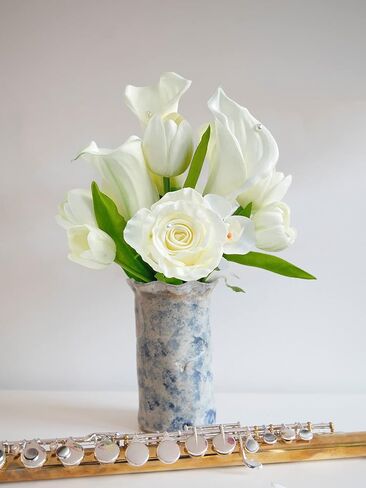 13 Pcs Real Touch White Calla Lily Artificial Flower Tulip 16'' White Bridal Bouquet Spring Home Living Room Decor for Baby Shower Table Flower Wedding White Flower Arrangement in Saudi Arabia