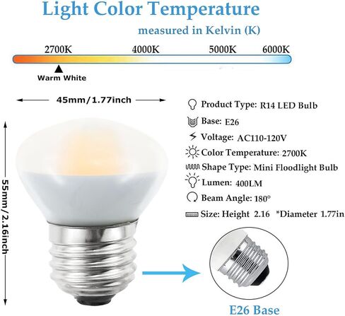 R14 LED Bulb Mini Reflector Flood Light Bulbs 4W(40W Equivalent) 2700K Warm White, Curio Cabinet Light Bulb, Non-Dimmable, E26 Base Short Light Bulbs, 4-Pack in Saudi Arabia