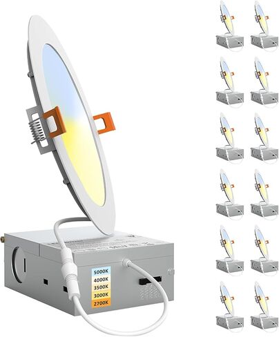 إضاءة غائرة LED 6 بوصات 5CCT مع صندوق توصيل، تركيبات إضاءة سقف رفيعة للغاية بقدرة 12 وات 1200 لومن، 2700 ك/3000 ك/3500 ك/4000 ك/5000 ك مصابيح غائرة قابلة للتعتيم لمطبخ غرفة النوم، عبوة واحدة in Saudi Arabia