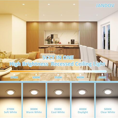 إضاءة غائرة LED 6 بوصات 5CCT مع صندوق توصيل، تركيبات إضاءة سقف رفيعة للغاية بقدرة 12 وات 1200 لومن، 2700 ك/3000 ك/3500 ك/4000 ك/5000 ك مصابيح غائرة قابلة للتعتيم لمطبخ غرفة النوم، عبوة واحدة in Saudi Arabia