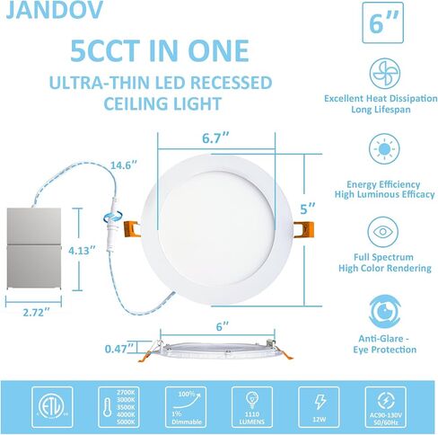 6 Inch 5CCT LED Recessed Lighting with Junction Box, 12W 1200LM Ultra-Thin Ceiling Light Fixture, 2700K/3000K/3500K/4000K/5000K Dimmable Canless Recessed Lights for Bedroom Kitchen, 1 Pack in Saudi Arabia