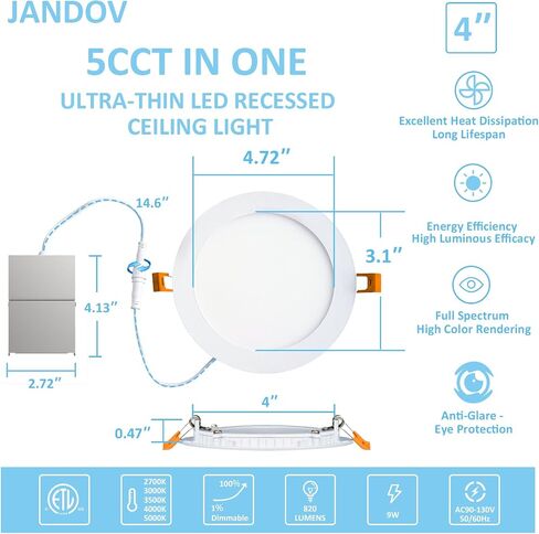 6 Inch 5CCT LED Recessed Lighting with Junction Box, 12W 1200LM Ultra-Thin Ceiling Light Fixture, 2700K/3000K/3500K/4000K/5000K Dimmable Canless Recessed Lights for Bedroom Kitchen, 1 Pack in Saudi Arabia