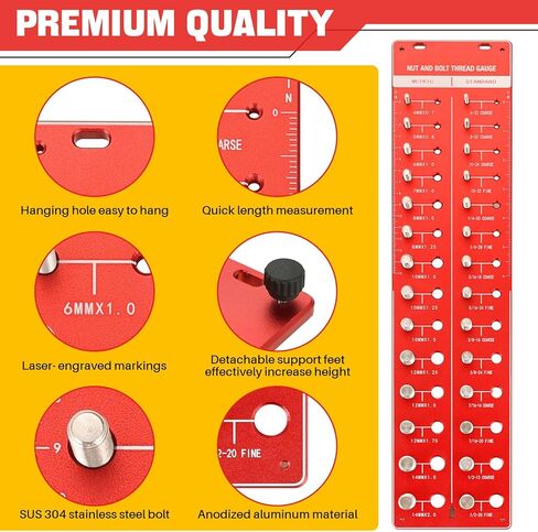 مدقق خيط صامولة ومسمار DASBET 28 مدقق خيط، حجم الخيط مدقق حجم الترباس ومقياس الخيط مع 14 معيار و 14 مقياس متري ومعرف الجوز مع مسطرة بوصة وسنتيمتر، أحمر in Kuwait