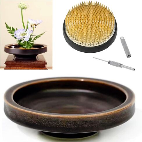 Japanese Classical Ikebana Vase Kit, Minimalist Ceramics Flower Pot Flower Shallow Container with 2.4inch Flower Frog and 2-in-1 Flower Arrangement Kenzan Needle Straightening Tool in Kuwait