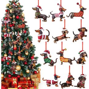 Suzile 36 Pcs Christmas Ornaments Dachshund Wood Ornaments Dachshund Themed Christmas Tree Decorations with 11.8 Inch Red Ribbon for Christmas Tree Decorative Hanging Ornaments