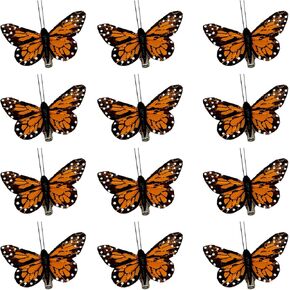 LWINGFLYER 12Pcs Monarch Butterfly Decorations with Clips 2.9inch Artificial Feather Butterfly for Crafts DIY Spring Flower Arrangements Wedding Party Cosplay (Orange) (12pcs Butterfly)