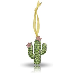 Saguaro Cactus Pink Flowers and Green Rhinestone Crystal Holiday Ornament
