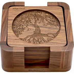 Walnut Coasters Set of 4 with Holder Wooden Coasters Coasters with Holder Table Coasters Coffee Coasters Coasters Cup Coasters for Table Wood Coasters for Drinks Brown Coasters Square Coasters
