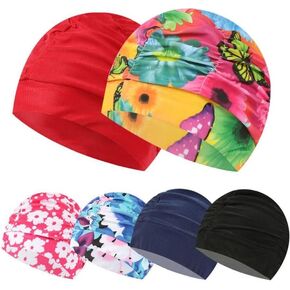 6 Pcs Colorful Print Swim Caps for Women Men,Pleated Nylon Cloth Swim Cap Large Swimming Cap Bathing Caps for Adult Men Women Long Hair