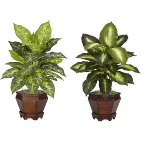 Nearly Natural Dieffenbachia with Wood Vase Silk Plant (Set of 2)