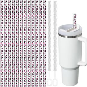 NiHome 12-Pack Reusable Leopard Straws for Stanley 40oz & 30oz Tumbler, Replacement 12" Long Plastic Straws Fit for Simple Modern, Quencher, Yeti, Meoky with 2 Brushes, Durable BPA-Free (4 Colors)