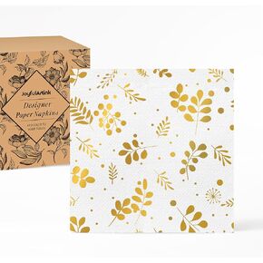 50 Count Linen-Feel Designer Cocktail Beverage Napkins, 4 x 4-inches Fold Cloth-Like Disposable Napkin, Golden Dreams Gold and White