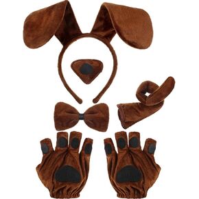 5 Pieces Puppy Dog Costume Set Included Dog Ears Headband Bowtie Fake Nose Tail Puppy Paw Gloves Animal Costume Accessories for Halloween Cosplay Party (Light Brown) Medium