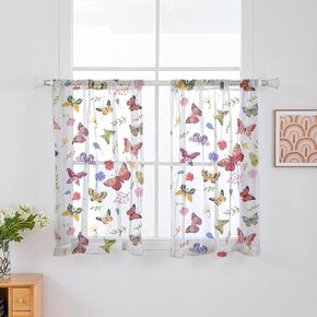 42 Inch Length Sheer Butterflies Curtains, Set of 2 Panels, White Background Voile Drapes for Window Decor in Living Room, Bedroom, Balcony - Rod Pocket Design
