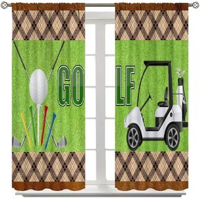 Men Golf Decor Curtain, Golf Club Car Curtains Green Grassland Wooden Grain Texture for Home Kitchen Restaurant Decoration Window Curtain 2Panel 42" W X 45" L