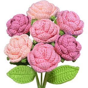 Emivery Crochet Rose Flowers, 7PCS Crochet Flower Bouquet Artificial Pink Rose Bouquet Knitted Flowers Gift for Women Home Office Wedding Table Decor